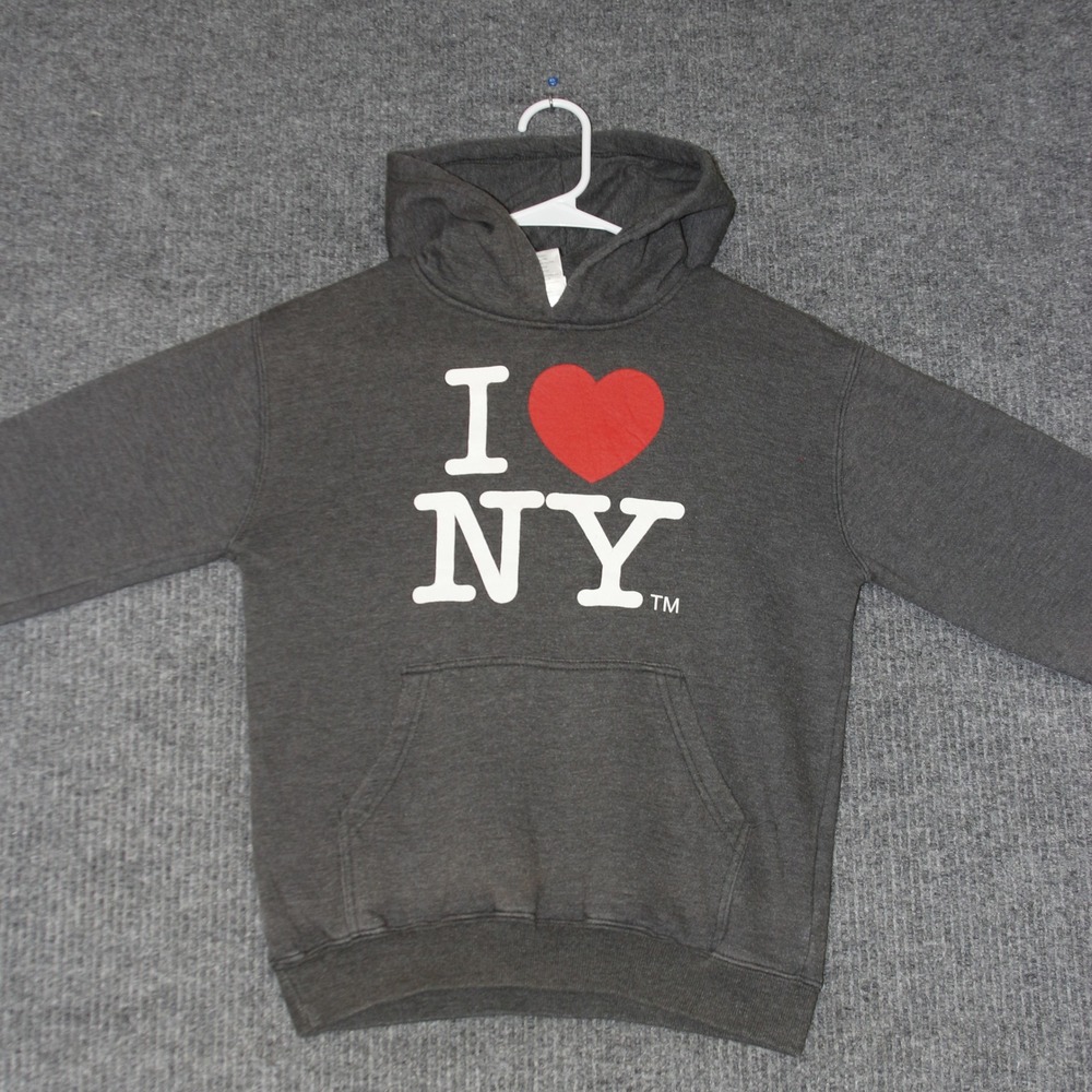 Kids I Love NY Hoodie Sweatshirt Charcoal Gray Pullover Pocket Size 14/16